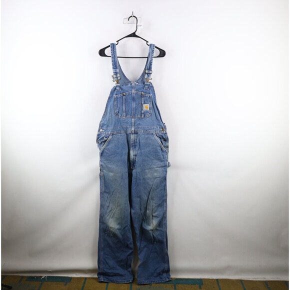Vintage Carhartt Mens 36x32 Distressed Spell Out Denim Jean Overalls Bibs Blue